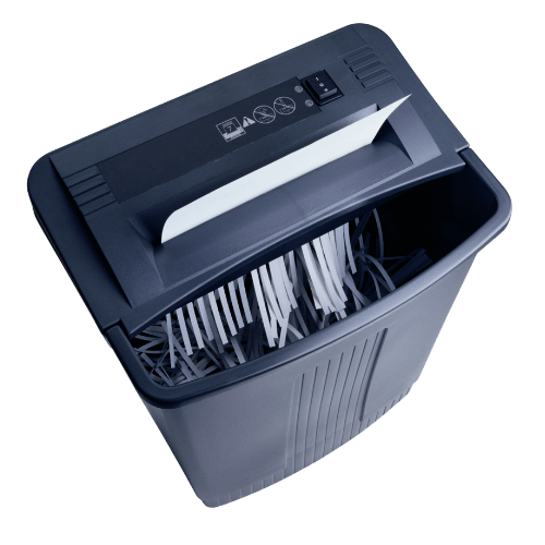 black shredder with a document being shredded