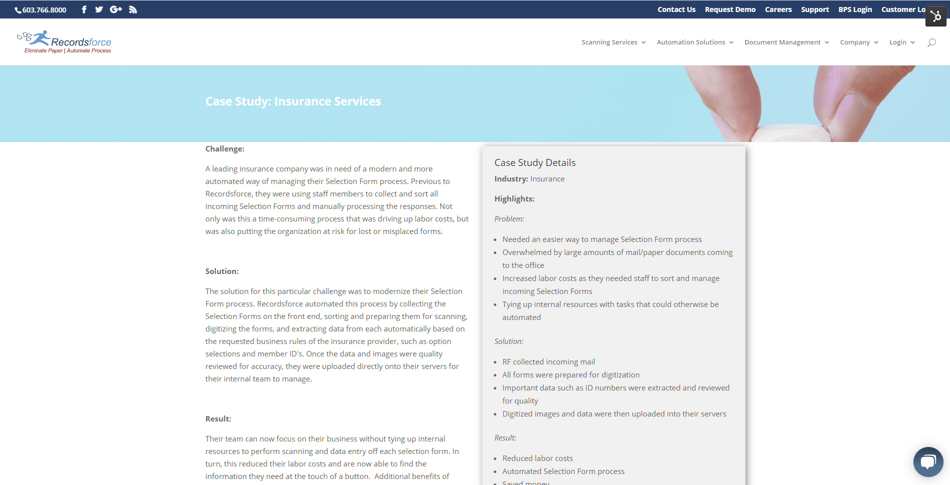 screenshot of insurance form processing case study