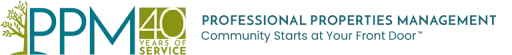 PPM logo | Recordsforce Logo for Professional Properties Management (PPM) 40th anniversary featuring a tree icon and teal/green typography with the motto 'Community comes to your front door'.