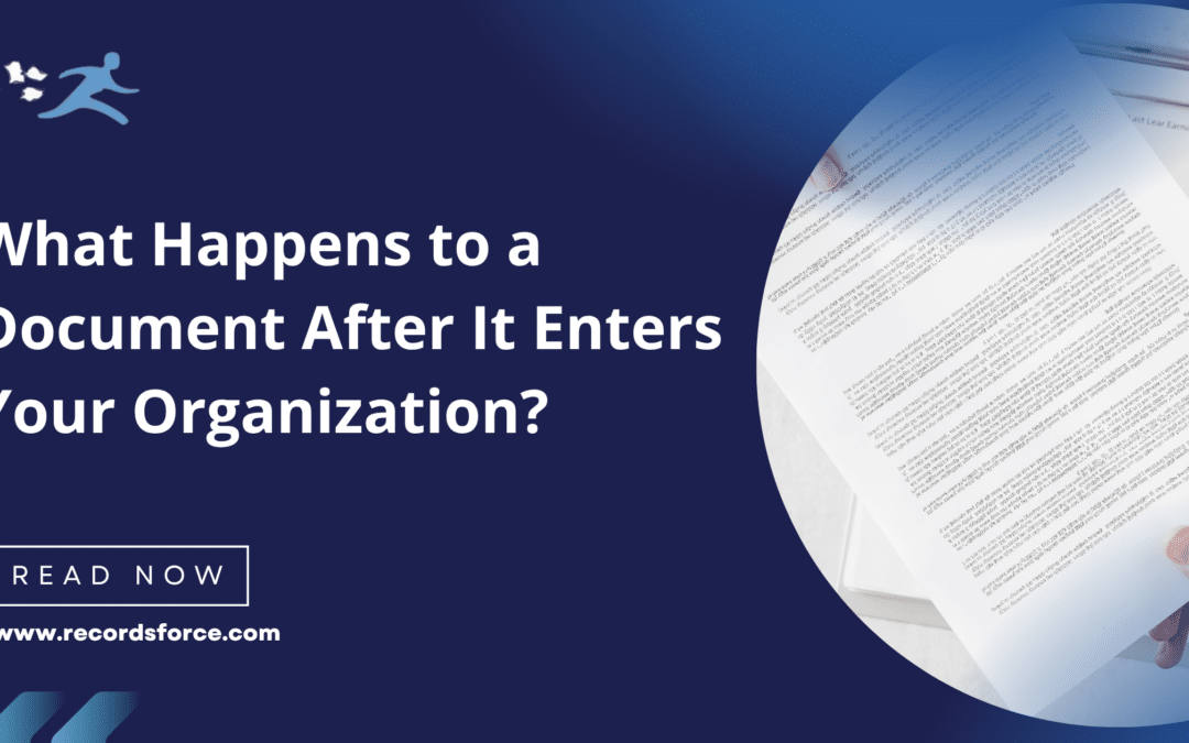 Dark blue hero banner showing the title 'What Happens to a Document After It Enters Your Organization?' with a curved page of text on the right and a hand holding papers distance-lit in the corner.