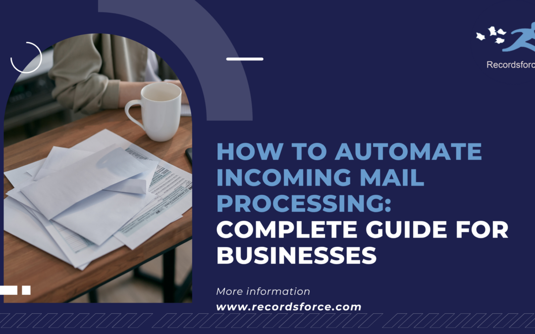 Banner image: envelopes on a wooden desk beside a white mug, with dark blue abstract shapes; headline about automating incoming mail processing and Recordsforce logo