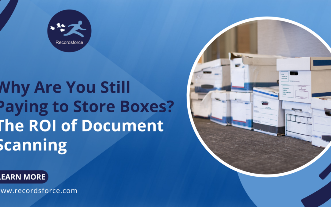Blue gradient hero banner promoting document scanning ROI; circular photo of stacked cardboard boxes on the right, Recordsforce logo on left.