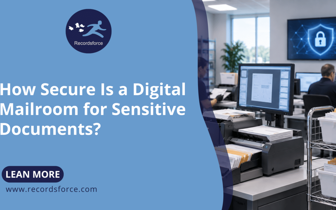 Blue Recordsforce hero banner with logo, large headline about secure digital mailrooms, and a prominent Learn More button; office scene fades in on the right.
