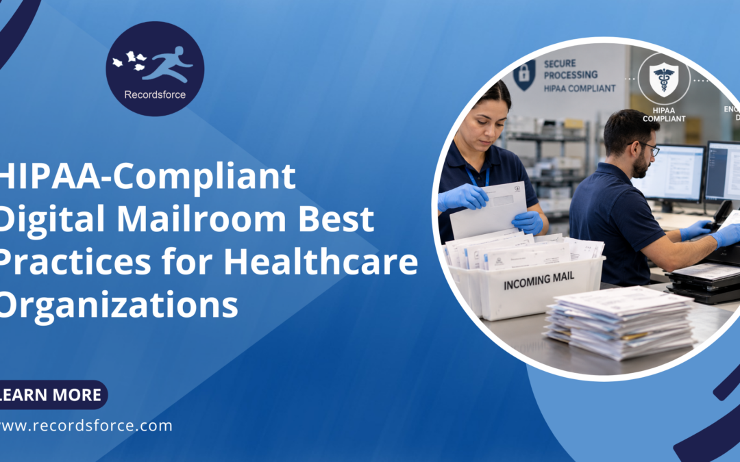 Blue Recordsforce promo banner featuring a circular photo of staff processing mail in a HIPAA-compliant workflow; left-side text announces HIPAA-Compliant Digital Mailroom Best Practices for Healthcare Organizations and a Learn More button.